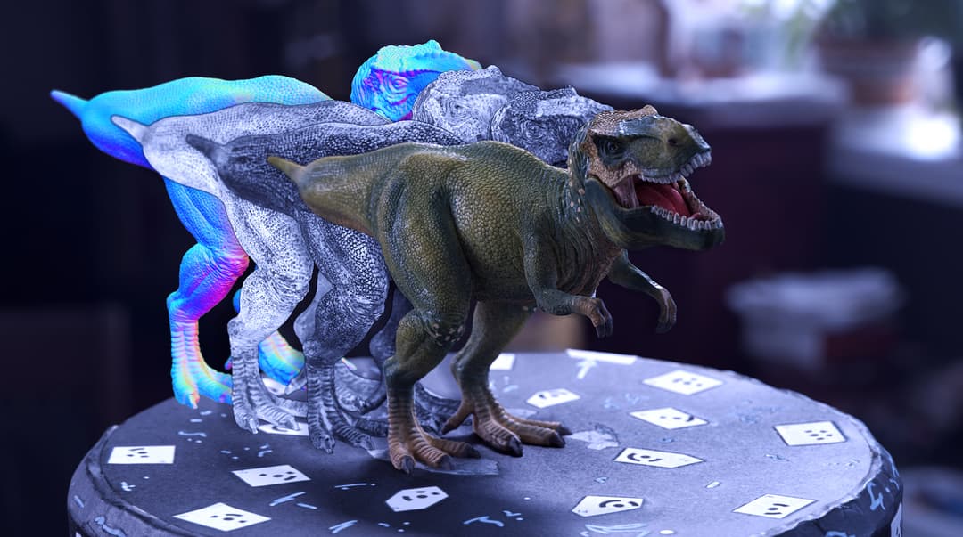 a dinosaur with multiple layers of textures on display